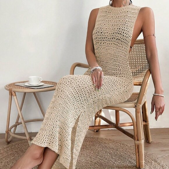 Apricot Casual Womens Hollow Out Split Thigh Cover Up Dress Without Bikini - Picture 4 of 5